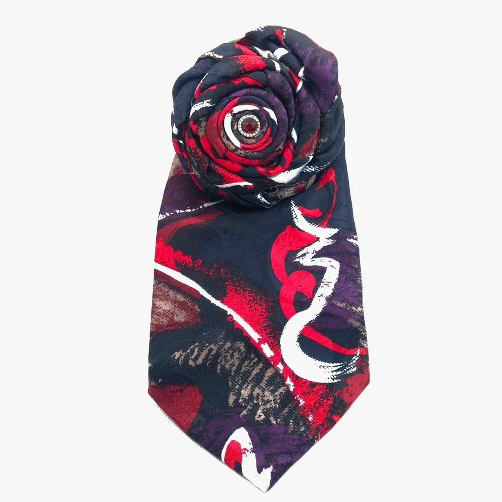 Artisan Upcycled Silk Tie Brooch Abstract Black Vintage Chemin de Fer Pin Floral